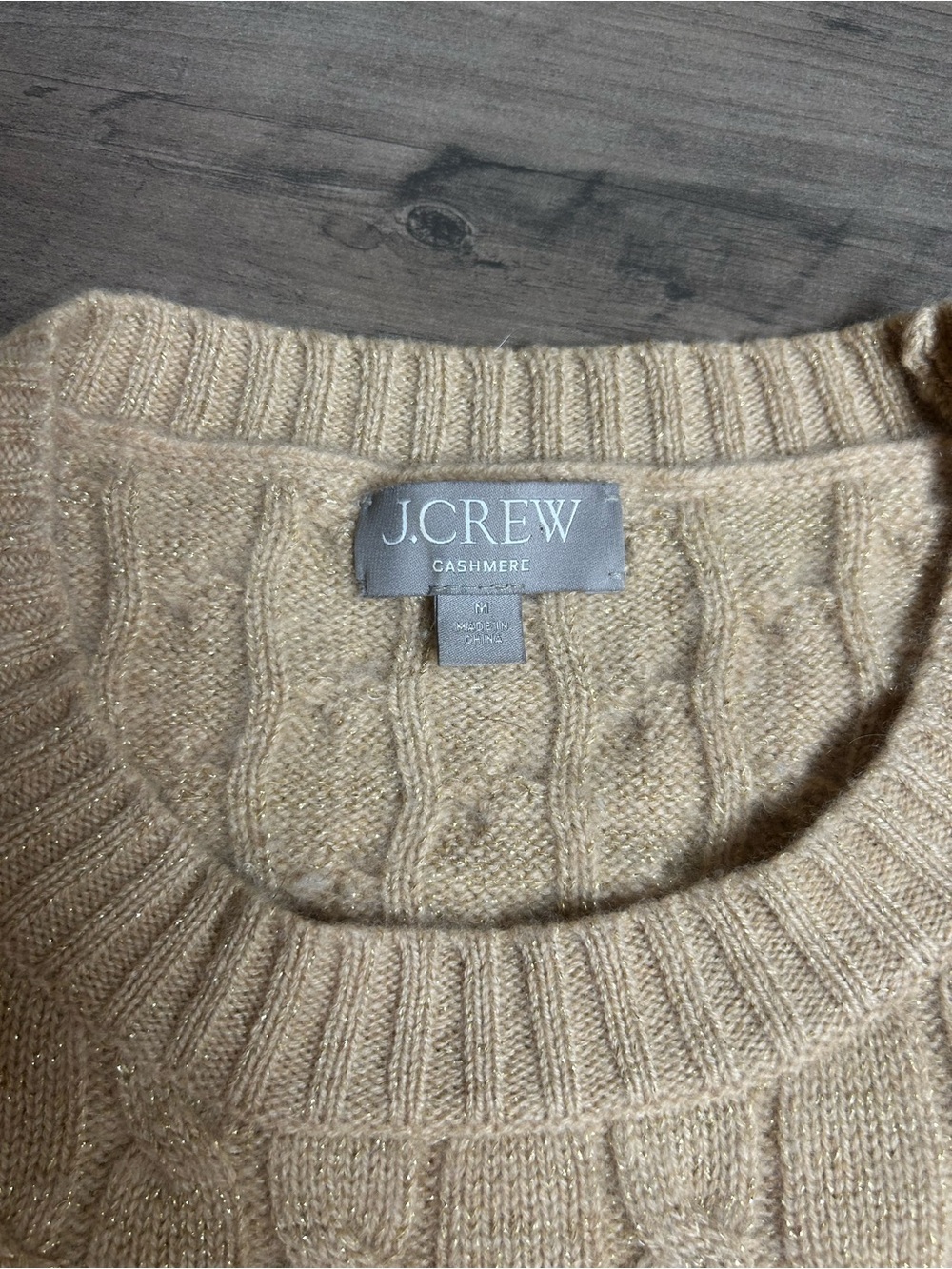 J. Crew Women’s Cashmere Cable-Knit Sweater in Camel with Gold Shimmer - Picture 12 of 13